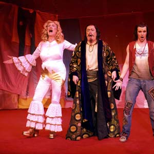 2005, ALADDIN: Widow Twankey (Ian McKellen), Abbanazar (Roger Allam), Aladdin (Neil McDermott), Dim Sum (Frances Barber)  - Photo by Manuel Harlan