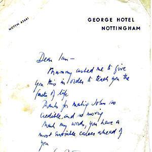 <I>Peter Ustinov had bought
his first night gifts at Nottinghams Russian shop.  Mine was a collection
of inter-connecting wooden dolls and, referring to my characters suspicion that he is illegitimate, the author sent me this very encouraging note.</I>