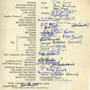Signed programme, including Derek Jacobi (Evil Angel), Richard Cottrell (Cornelius), Trevor Nunn (Second Scholar), Corin Redgrave (Lucifer)
