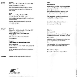 Dinner menu aboard Eurostar train London - Cannes