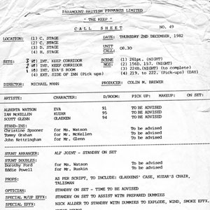 Call sheet for 2 December 1982