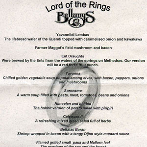 Menu, Parliamentary reception, Wellington premiere, 1 December 2003