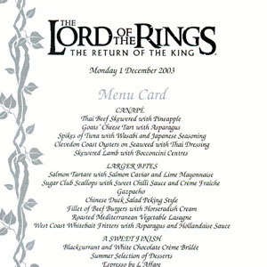 After-party menu, Wellington Premiere, 1 December 2003