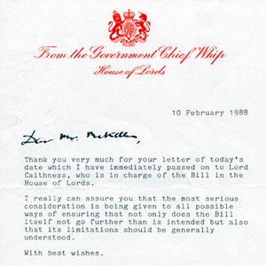 10 February 1988<br>Letter from the whip of the House of Lords regarding Section 28
