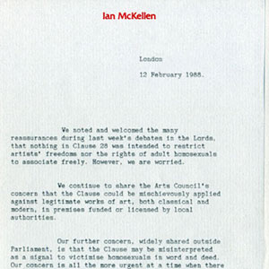12 February 1988<br>Letter to Prime Minister from Ian McKellen, John Gielgud, and Judi Dench regarding Section 28