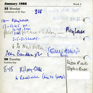 Diary page showing Arts Lobby activities on Monday 25 January 1988 and 7:00 Radio Interview on Wednesday 27 January, notable as the occasion when I came out publically.