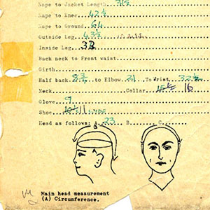 Tailoring Measurement Form used at National Theatre for productions from VENICE PRESERVD (1984) through PETER PAN (1997)