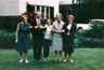 Gladys McKellen (step-mother) centre, with 3 siblings and sister-in-law outside family house 34, Barrow Bridge Road, Bolton,Lancashire. Left-right: Doris Abraham MBE, Herbert Abraham and his American wife Jo, Edna Gallantry (nee Abraham).