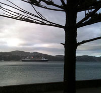 The QM2 in Wellington Harbour