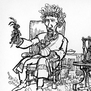Hewison’s cartoon in Punch: Dr. Faustus (Ian McKellen) holding hand puppets of 
    Good and Bad Angels as Mephistophiles (Emrys James) observes