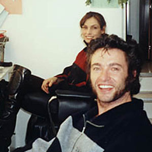 1999, X-MEN: Tyler Mane (Sabretooth),  Tony (stunt double), Famke Jannsen (Jean Grey), Hugh Jackman (Wolverine) in makeup room  