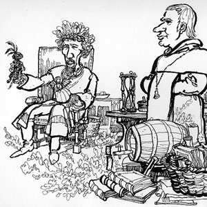 Hewison�s cartoon in Punch: Dr. Faustus holding hand puppets of Good and Bad Angels (Ian McKellen) with Mephistophiles  (Emrys James)