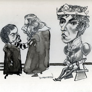 Unpublished drawing by Donald Green: Timothy West (Bolingbroke), Robert Eddison (as his uncle York)  with Ian McKellen as King Richard