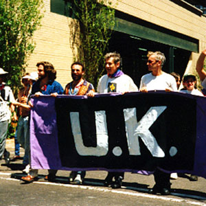 South Africa Gay Pride; the UK contingent: Greg Doran, Antony Sher, Ian McKellen, Sean Mathias, Johannesburg (home made banner by Tony Sher & Ian)