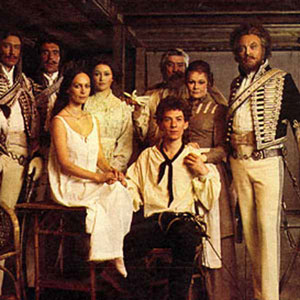 1976, ROMEO AND JULIET (1976): Francesca Annis (Juliet) and Ian McKellen (Romeo) sitting with the cast of 1976 RSC Much Ado About Nothing, left to right: Robin Ellis (Don Pedro), Richard Durden (Claudio), Cherie Lunghi (Hero), Ivan Beavis (Leonato), Judi Dench (Beatrice), Donald Sinden (Benedick)  