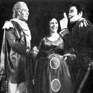 1965, MUCH ADO ABOUT NOTHING (1965): Ian McKellen (Claudio), Caroline John (Hero), and Albert Finney (Don Pedro)  - Photo by Zoe Dominic