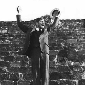 Ian McKellen (D H Lawrence) orating on the steps of the temple at Monte Alba, just outside Oaxaca, Mexico