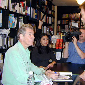 2002,   A surprised Magneto (Ian McKellen) meets Sabretooth (Tyler Mane) at Book Soup, West Hollywood, 19 January 2002  - Photo by Keith Stern