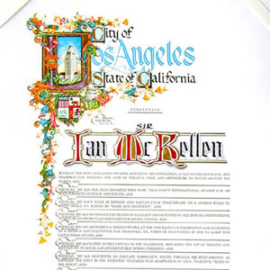 City of Los Angeles State of California Resolution: Whereas, Sir Ian McKellen is one of the most acclaimed theatre actors of his generation, a gay-rights advocate, and champion for bringing the joys of theater, film, and literature to youth around the world; and whereas, Sir Ian has been honored with more than forty international awards for his performances on stage and screen; and whereas, Sir Ians work is diverse and ranges from Shakespeare on a London stage to James Whale on screen in Gods and Monsters; and whereas, Sir Ian addressed a million people at the 1993 March on Washington and continues as a member and volunteer for Stonewall UK which he co-founded in 1988 to lobby for gay/lesbian rights; and whereas, Sir Ians civic duties extend to the classroom, spreading the joy of theater nd literature to Los Angeles public schoolchildren; and whereas, Sir Ian continues to educate community youth through his performance as Gandalf the Grey in the recently released film adaptation of J.R.R. Tolkiens Lord of the Rings; and whereas, Sir Ian will touch the lives of additional Los Angeles youth on January 19, 2002 at MOCA when he reads from the text of Lord of the Rings: Fellowship of the Ring for local children, once again making literature fun for everyone: now, therefore be it resolved, that by the adoption of this resolution, the Los Angeles City Council recognizes Sir Ian McKellen for his dedication to the children and young people of Los Angeles and commends his efforts to inspire youth to explore and enjoy literature.