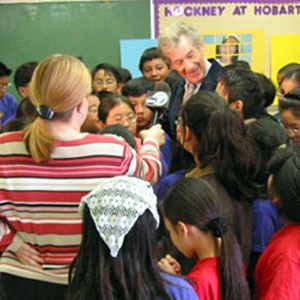 2002,   With the kids (and the press) at Hobart  - Photo by Keith Stern