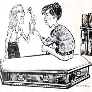 Cartoon: by Hewison in Punch Magazine: Jennifer Hilary (Zoe) and Ian McKellen (Godfrey) - I bought the original drawing which accompanied the Punch review, starting a collection of Hewison�s work which I discontinued a decade or so later.