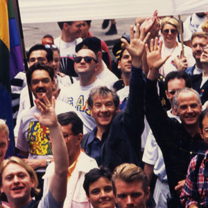 With Michael Cashman (right, in black) and John Miskelly (left, in Keith Haring Tee) � London Gay Pride 1993