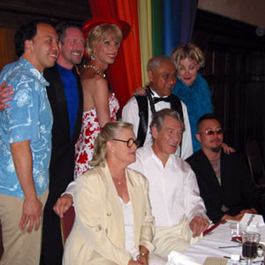 2002, SAN FRANCISCO PRIDE: SF Pride, Grand Marshals Brunch, 29 June 2002. Back Row: Brian Cheu, Gary Virginia, Donna Sachet, Hoover Lee, Shawna Virago. Front Row: Sharon Gless, Ian McKellen, Christopher Lee.  - Photo by Keith Stern