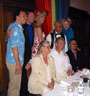 SF Pride, Grand Marshals Brunch, 29 June 2002. Back Row: Brian Cheu, Gary Virginia, Donna Sachet, Hoover Lee, Shawna Virago. Front Row: Sharon Gless, Ian McKellen, Christopher Lee.