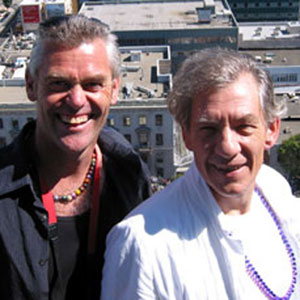 2002, SAN FRANCISCO PRIDE: With Steve Thomson (physical therapist on LORD OF THE RINGS and X-MEN 2) on top of City Hall overlooking SF Pride celebration  - Photo by Keith Stern