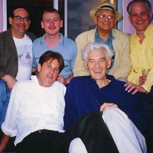On the terrace at home, front l to r: Joe Simon, Ian McKellen, rear l to r: Jeff Burkhardt, Paul Cottingham, David Hockney, Michael Cashman
