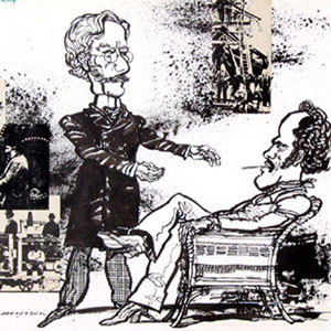 Hewison�s cartoon for Punch (1 August 1977): Ian McKellen (Karsten Bernick) and Mike Gwilym (Johann Tonneson)