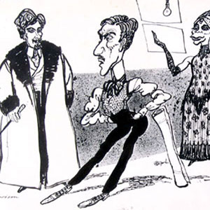 Hewison�s cartoon for Punch (9 November 1974): Ian Richardson (Ernst Scholz), Ian McKellen (The Marquis of Keith), Sara Kestelman (Mona)