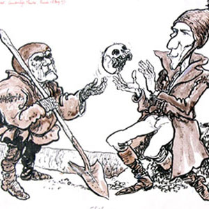 Hewison�s cartoon for Punch (18 August 1971): James Cairncross  (First Gravedigger) with Ian McKellen (Hamlet) and Yorick�s skull