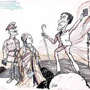 Hewison�s cartoon for Punch (23 October 1975): Joe Melia (Sergeant Fielding), Judi Dench (The Nurse), Ian McKellen (Aubrey) at the play�s climax