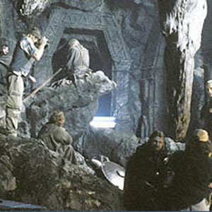Director Peter Jackson and Cinematographer Andrew Lesnie set up a shot in the mines of Moria