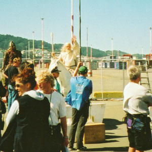 The white team, Gandalf and Shadowfax prepare for their close-up against a generic blue sky