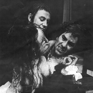 1974, DR FAUSTUS: Mephistophiles (Emrys James), Lechery (puppet)  and Faustus (Ian McKellen)  - Photo by Joe Cocks