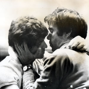 Ian McKellen and James Laurenson rehearse their kiss