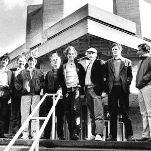 1985,   At The National Theatre (l to r): P W, B B, Peter Hall, M B, Peter Gill, Ian McKellen, Edward Petherbridge, D H, Richard Eyre  - Photo by Nobby Clark