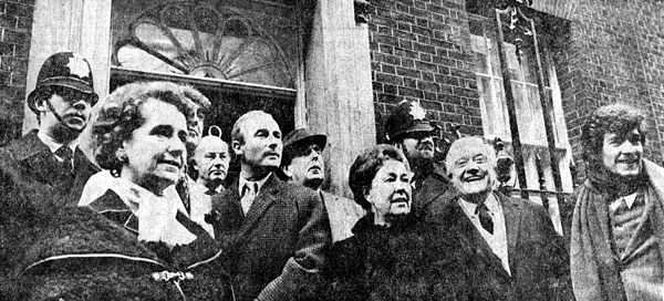 1971,   Delegation Day at No. 10: Members of Equity, the actors association, presented thousands of signatures in support of a letter written to the Prime Minister by members of the National Theatre in protest of the Industrial Relations Bill.  From left to right: Peggy Ashcroft, Derek Nimmo, Ernest Clark, Edward Woodward, Robert Morley, Peggy Mount, Andrew Cruikshank, Ian McKellen; 12 January 1971  