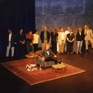 25 May 1997, Surprise birthday party onstage at LA Theatre Works following performance, including Terry Anderson, Tim Miller, Armistead Mapin, Kathy Bates, Jeff Burckhardt, Emma Thompson, Annette Bening, Sean Mathias, Ellen Degeneres, Anne Heche, Gregory Cooke