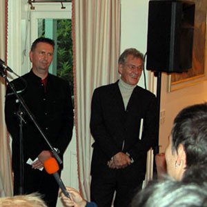 2003,   Chris Carter, New Zealand Minister of Conservation, Tim Barnett, Member of Parliament for Christchurch, and Ian McKellen at Premier House reception honouring Sir Ian, 28 November 2003  - Photo by Keith Stern