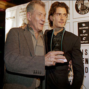 2003,   Ian McKellen and Orlando Bloom meet the press after the BIFA ceremonies  