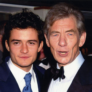 2002, THE LORD OF THE RINGS: THE FELLOWSHIP OF THE RING: Orlando Bloom and Ian McKellen arriving at BAFTA awards.  Sir Ians wardrobe by <a href=http://www.johnvarvatos.com target =_blank>John Varvatos</a>.  