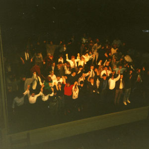 1987, ACTING SHAKESPEARE (London 1987): Taking a bow after scene from Henry V with volunteers on stage  