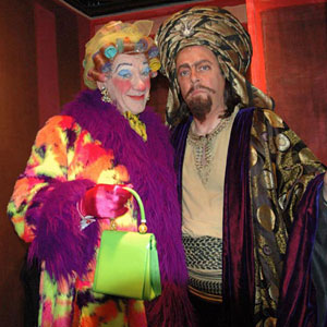 2004, ALADDIN: Widow Twankey (Ian McKellen) and Abbanazar (Roger Allam) ready for Act One  - Photo by Keith Stern