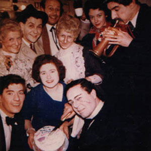 1963, ARSENIC AND OLD LACE: Backstage party: Surrounding a local fan holding a cake, clockwise from lower left: Ian McKellen, Doreen Andrews, Stephen MacDonald, Roger Hammond, Josie Kidd, Roberta Maxwell, Gawn Grainger, Brendan Barry  