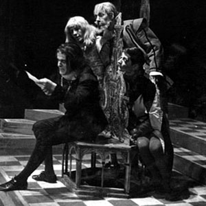 1960, TWELFTH NIGHT (Cambridge): Let me see thee a steward, still. Act II Scene 5. Malvolio (Julian Curry), Aguecheek (Michael Burrell), Belch (Ian McKellen), Fabian (Anthony Arlidge)  