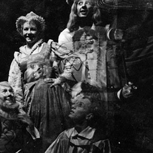 1960, TWELFTH NIGHT (Cambridge): Double exposure: Belch (Ian McKellen), Maria (Jill Daltry), Feste (Hugh Walters), Aguecheek (Michael Burrell)  