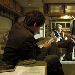 2005, THE DA VINCI CODE: Matt Butler, a friend who is playing a plainclothes detective in The Da Vinci Code, gallantly hearing me learn my lines in my trailer, Shepperton Studios, August 2005  - Photo by Keith Stern
